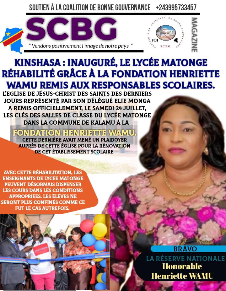 Kinshasa : Inauguré, le Lycée Matonge réhabilité grâce à la Fondation Henriette Wamu remis aux responsables scolaires
