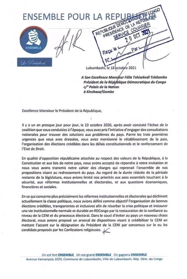 RDC-CENI:  Moïse Katumbi écrit à Félix Tshisekedi ( Document)